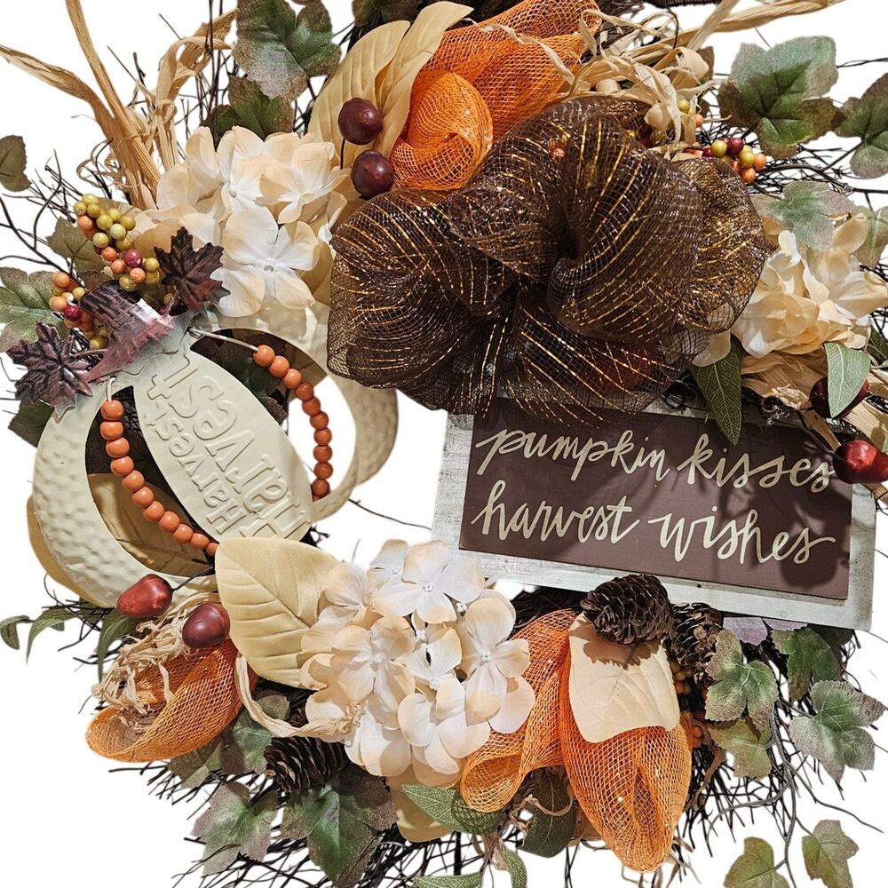 pumpkin kisses harvest wishes Handmade Wreath Fall Autumn Brown Orange 24"